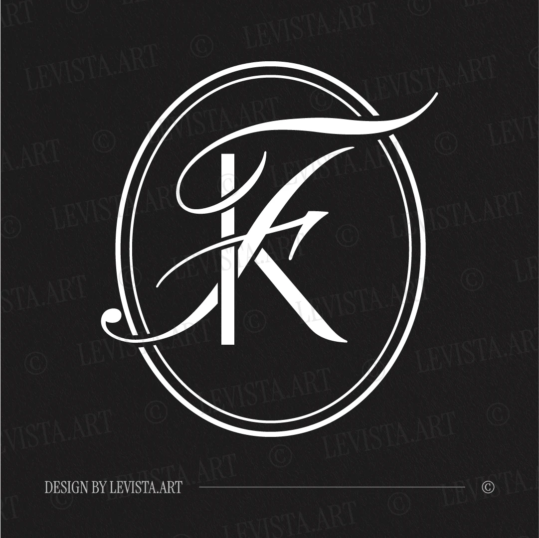 KF & FK Monogram | Elegant letter logo design White KF and FK initials as minimalist interlocking letter logo on black background for stylish weddings & gobo projections