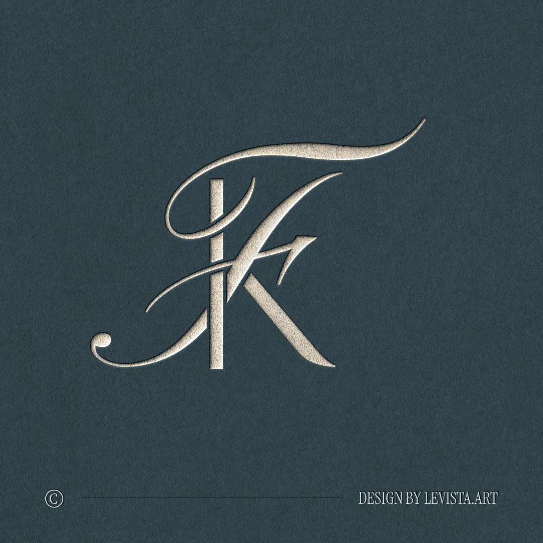 KF & FK Monogram | Elegant letter logo design Silver KF and FK letter logo as premium initials design on a blue background for luxury wedding stationery and foil stamping