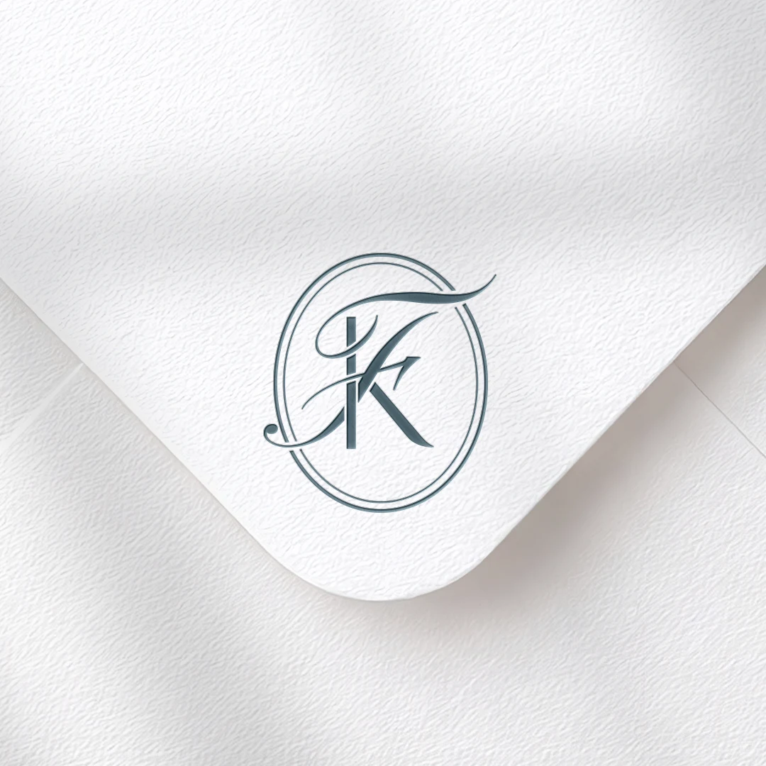 KF & FK Monogram | Elegant letter logo design Blue KF and FK letters as refined initials logo design on textured envelope for sophisticated weddings, invites and print
