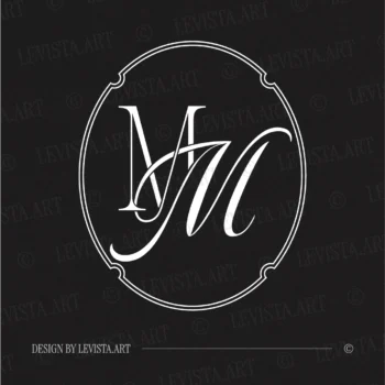 White MM initials as minimalist interlocking letter logo on a black background for luxury weddings & gobo projections
