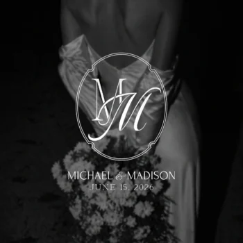 White MM letter logo as luxury wedding initials design on photo for refined stationery & décor, signage or floor wrap