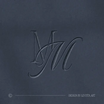 Embossed MM letter logo as premium initials design on rich blue background for luxury wedding stationery, high-quality print