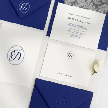 Blue OJ and JO wedding monogram as premium initials design on luxury stationery suite for quality print, signage and invites