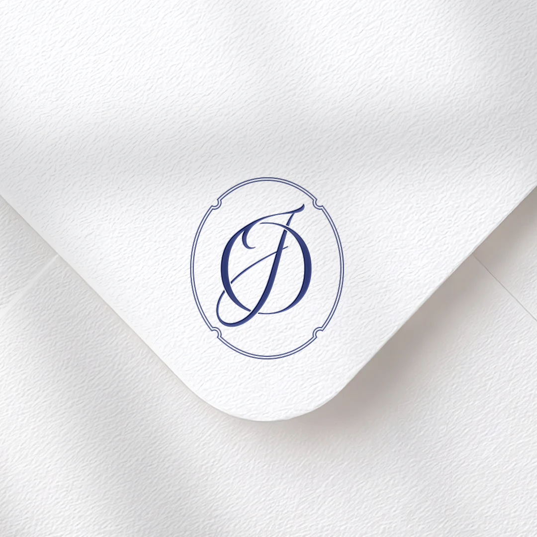 OJ & JO Monogram | Elegant letter logo design Blue OJ and JO letters as stylish initials logo on a textured envelope for premium wedding stationery, print, invites, décor