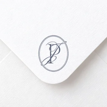 Blue PJ and JP letters as luxury wedding initials logo design on textured envelope for premium stationery, invites, mailing