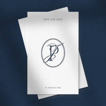 Blue PJ and JP wedding monogram as stylish letter logo design on save the date card for refined décor and high-quality print