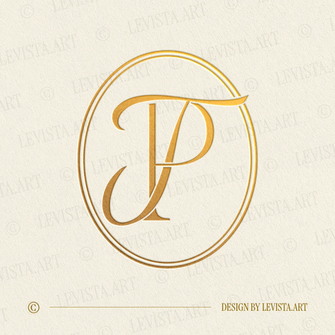 Gold PT and TP monogram as elegant interlocking letter logo design for premium wedding stationery, embossing and branding