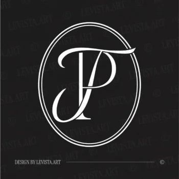 White PT and TP initials as minimalist interlocking letter logo on a black background for refined weddings, gobo projections