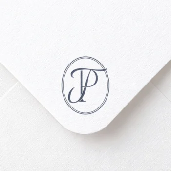 Blue PT and TP letter logo as premium initials design on a textured envelope for modern wedding stationery, invites, mailing