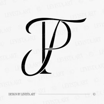 Black PT and TP wedding logo with interlocking letters on white background for luxury stationery, wax seals, foil stamping