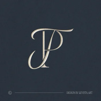 Silver PT and TP wedding monogram as refined letter logo on blue background for stylish décor, foil stamping and floor wrap