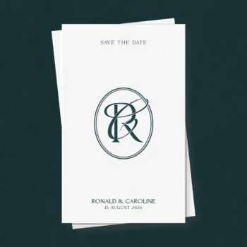 RC & CR Monogram logo | Elegant letter logo design Blue RC and CR wedding monogram as premium initials design on save the date card for luxury stationery, signage and invites