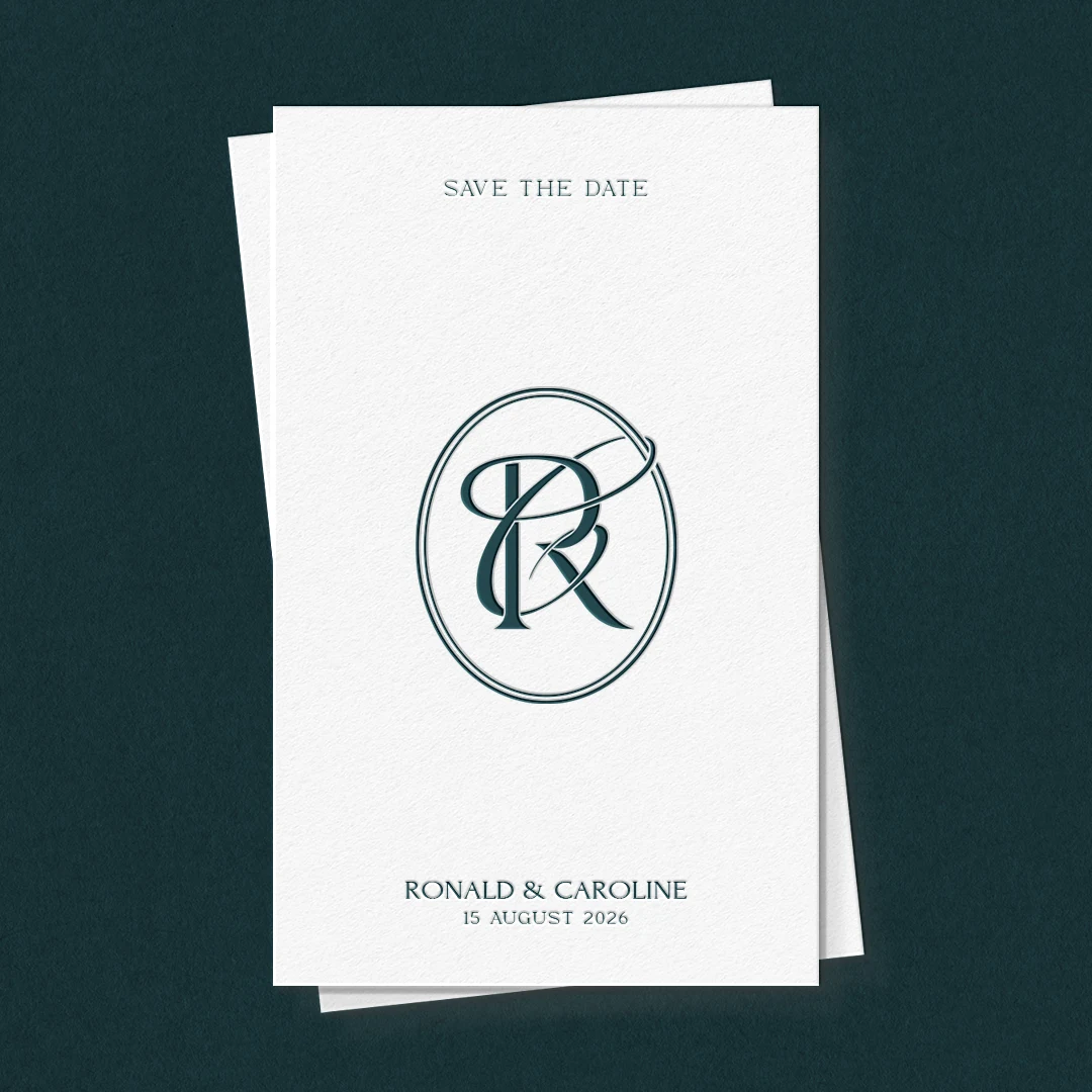 RC & CR Monogram logo | Elegant letter logo design Blue RC and CR wedding monogram as premium initials design on save the date card for luxury stationery, signage and invites