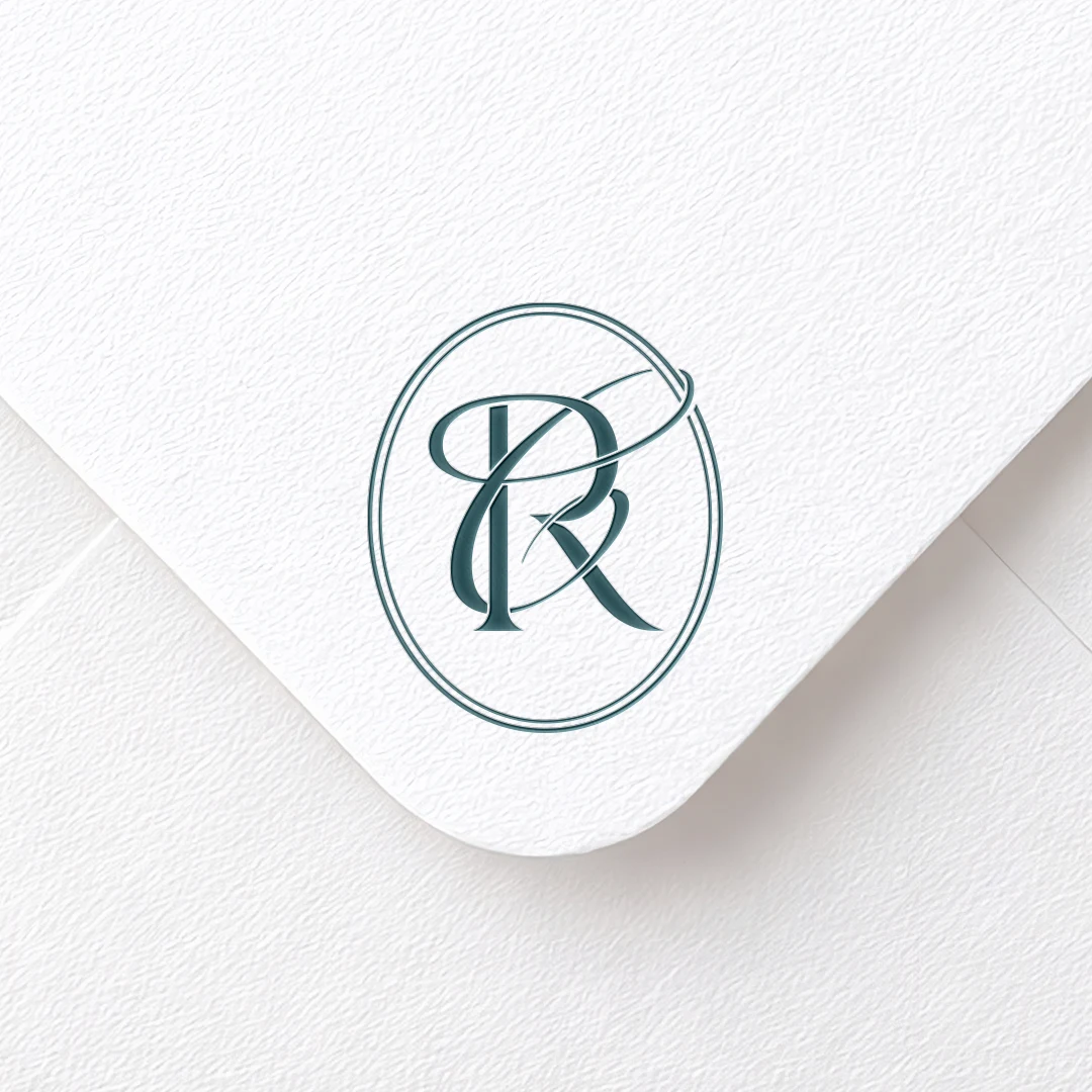 RC & CR Monogram logo | Elegant letter logo design Blue RC and CR letters as stylish initials logo on textured envelope for premium wedding stationery suite, invites and décor