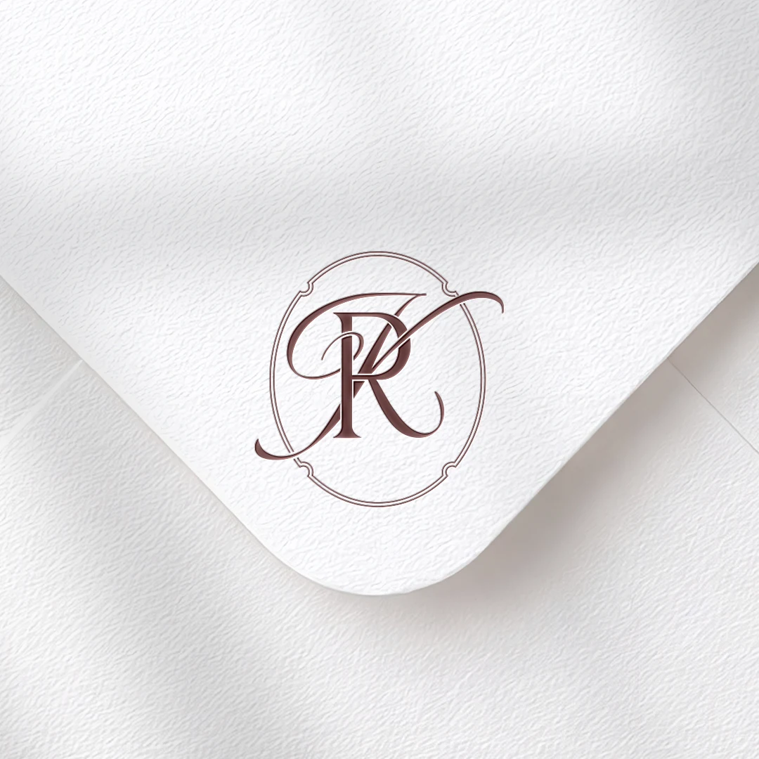 RK & KR Monogram | Wedding letter logo design Burgundy RK and KR letter logo as premium initials design on white textured envelope for luxury wedding invites and mailing