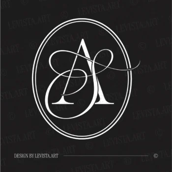 White AS and SA initials as minimalist interlocking letter logo on black background for premium wedding stationery suite, gobo projections and floor wrap