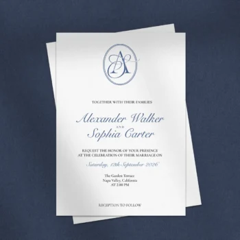 Light blue AS and SA letters as stylish initials logo design with couple names on an invitation card for premium wedding décor, stationery suites and high-quality print