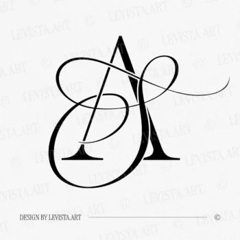 Black AS and SA wedding logo with semi-bold interlocking letters on a white background for luxury stationery suite, embossing, wax seals and foil stamping