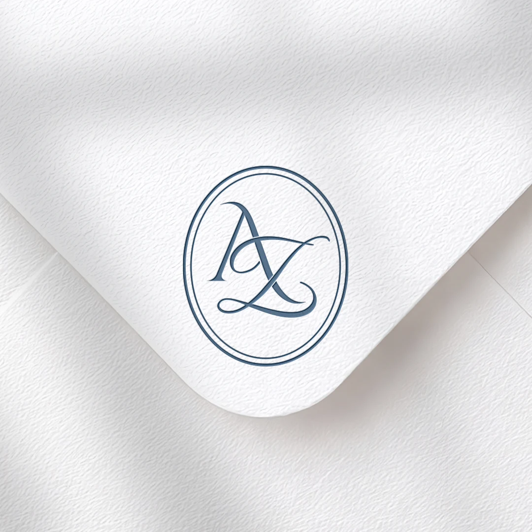 AZ & ZA Monogram | Elegant letter logo design Light blue AZ and ZA wedding monogram as premium initials design on textured envelope for sophisticated stationery, luxury invites, mailing and décor