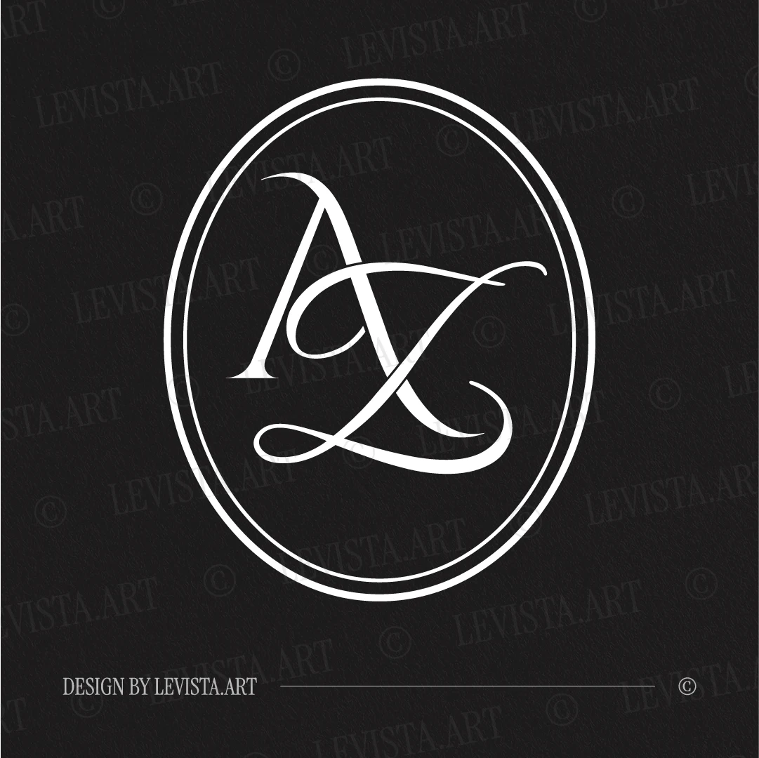 AZ & ZA Monogram | Elegant letter logo design White AZ and ZA letter logo as refined initials design on black background for luxury wedding stationery suite, gobo projections and floor wrap