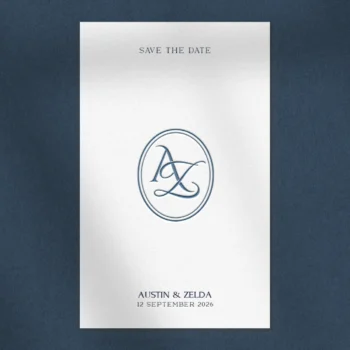 AZ & ZA Monogram | Elegant letter logo design Light blue AZ and ZA letters as stylish initials logo with couple names on a save the date card for exquisite wedding décor, stationery and high-quality print