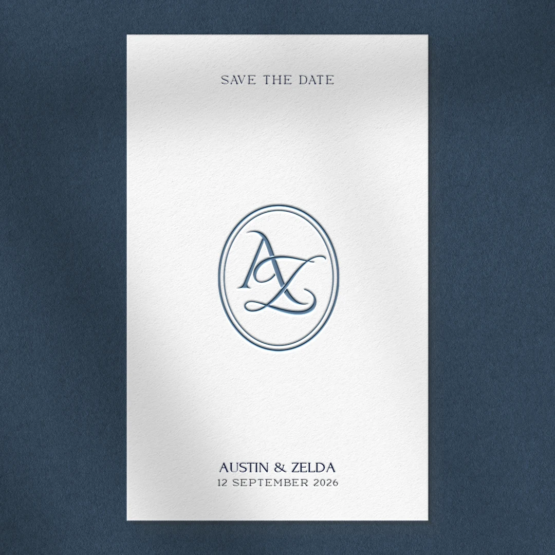AZ & ZA Monogram | Elegant letter logo design Light blue AZ and ZA letters as stylish initials logo with couple names on a save the date card for exquisite wedding décor, stationery and high-quality print
