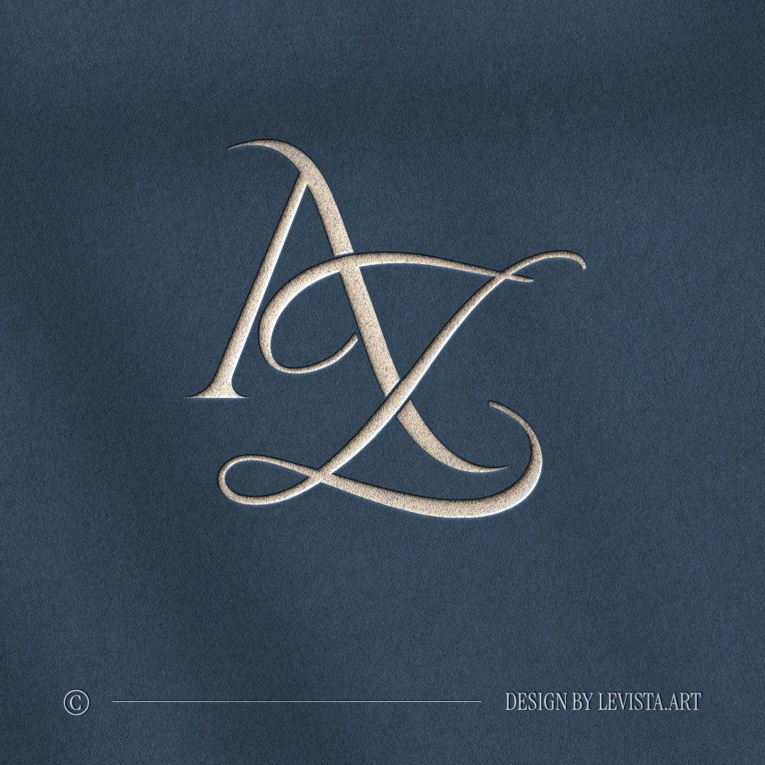 AZ & ZA Monogram | Elegant letter logo design Silver AZ and ZA wedding logo with thin interlocking letters on a blue background for premium stationery suite, embossing, wax seals and foil stamping