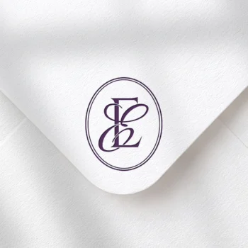 EE Monogram | Elegant letter logo design Lilac EE wedding monogram with semi-bold interlocking letters as premium initials design on a textured envelope for luxury stationery, invites, mailing and décor
