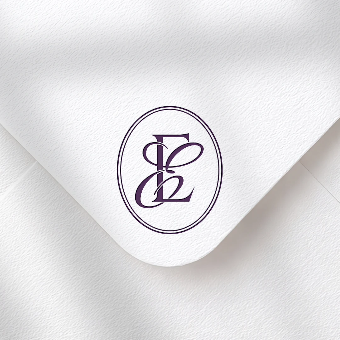 EE Monogram | Elegant letter logo design Lilac EE wedding monogram with semi-bold interlocking letters as premium initials design on a textured envelope for luxury stationery, invites, mailing and décor