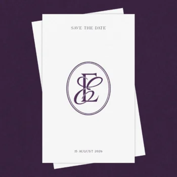 EE Monogram | Elegant letter logo design Lilac EE letters as stylish initials logo design on save the date card for sophisticated wedding décor, stationery suites and high-quality print
