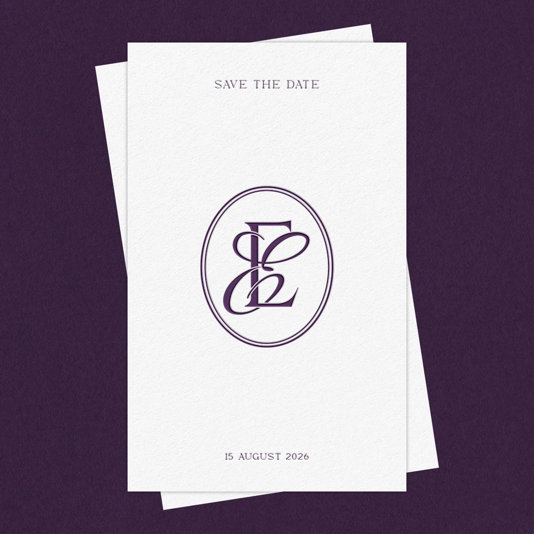 EE Monogram | Elegant letter logo design Lilac EE letters as stylish initials logo design on save the date card for sophisticated wedding décor, stationery suites and high-quality print