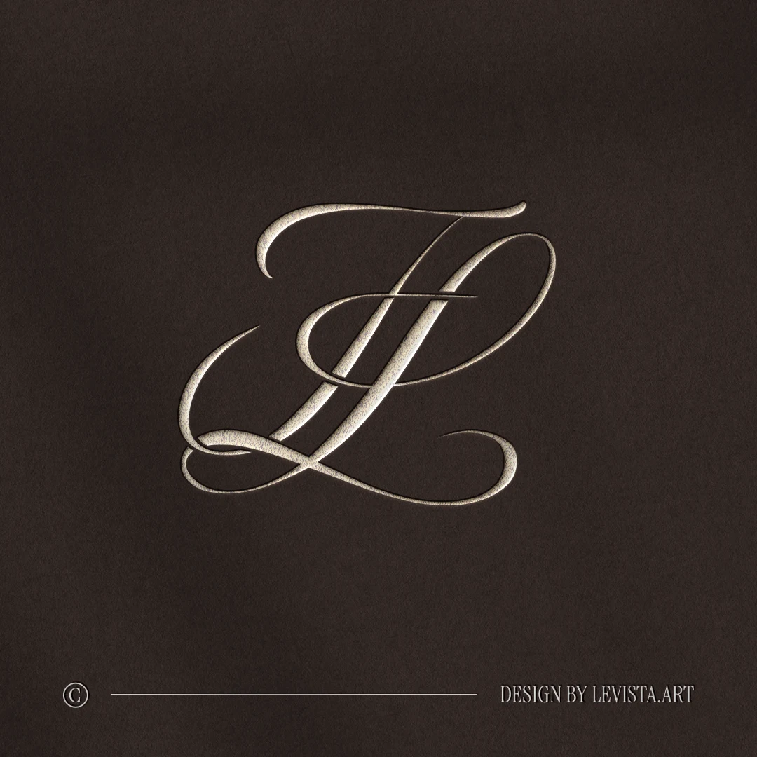 FL & LF Monogram | Elegant letter logo design Silver FL and LF letter logo as refined initials design on brown background for modern weddings, floor wrap, foil stamping