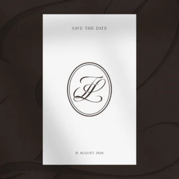 FL & LF Monogram | Elegant letter logo design Brown FL and LF letters as stylish initials logo on save the date card for luxury stationery wedding suite, signage, décor