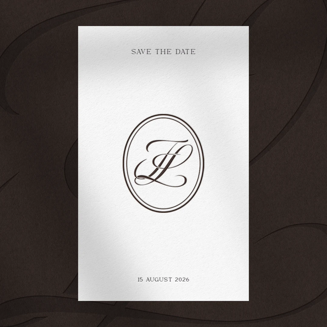 FL & LF Monogram | Elegant letter logo design Brown FL and LF letters as stylish initials logo on save the date card for luxury stationery wedding suite, signage, décor
