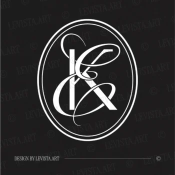 White KE and EK initials as minimalist interlocking letter logo on black background for premium wedding stationery suite, gobo projections and floor wrap