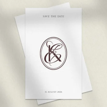 Burgundy KE and EK letters as stylish initials logo design on save the date card for sophisticated wedding décor, stationery suites and high-quality print