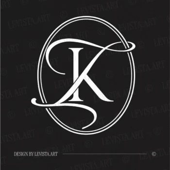 White KI and IK initials as minimalist interlocking letter logo on black background for refined wedding stationery suite, gobo projections and floor wrap
