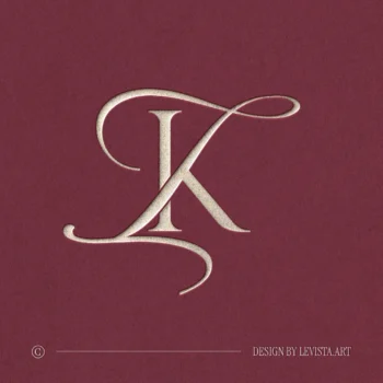 Silver KI and IK letter logo as refined initials design on light burgundy background for modern wedding stationery suite, wax seals, embossing and foil stamping