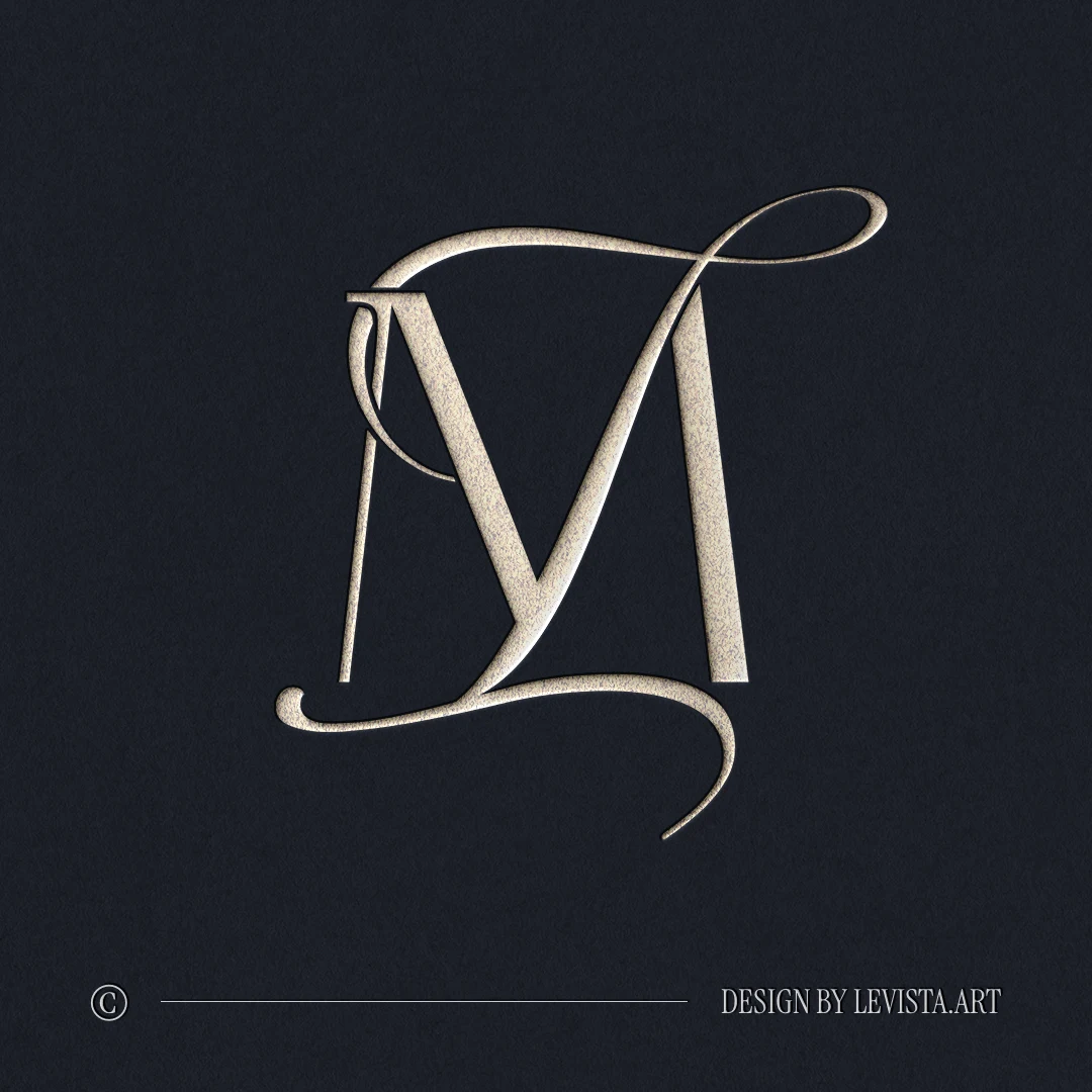 MI & IM Monogram logo | Elegant letter logo design Silver MI and IM wedding logo with thin interlocking letters on a blue background for luxury stationery suite, embossing, wax seals and foil stamping