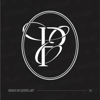 White PE and EP initials as minimalist interlocking letter logo on black background for luxury wedding stationery suite, gobo projections and floor wrap