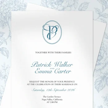 Light blue PE and EP wedding monogram with semi-bold interlocking letters as premium initials design with couple names on an invitation card for luxury stationery, invites, mailing and décor