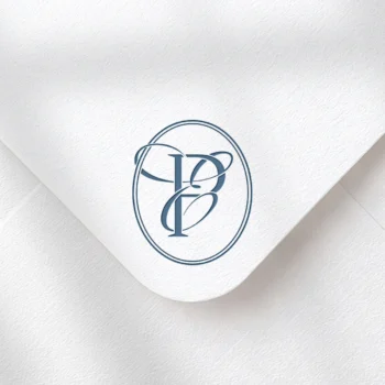Light blue PE and EP letters as stylish initials logo design on a textured envelope for refined stationery suites, wedding décor and high-quality print