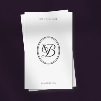 Lilac VB and BV wedding monogram as premium initials design on save the date card for luxury stationery, invites and décor
