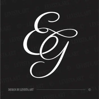 White EG initials as minimalist interlocking letter logo on black background for refined wedding stationery suite, gobo projections and floor wrap