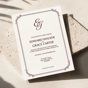 Rich burgundy EG wedding monogram with smoothly curved thin interlocking letters as premium initials design with couple names on an invitation card for luxury stationery, invites, mailing and décor