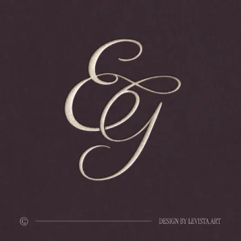 Silver EG letter logo as refined initials design on a rich burgundy background for luxury wedding stationery suite, wax seals, embossing and foil stamping