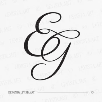 Black EG wedding logo with thin interlocking letters on a white background for modern stationery suite, embossing, quality letterpress and wax seals