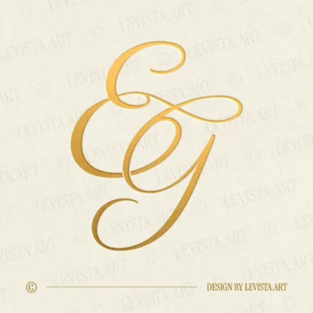 Gold EG monogram with smoothly curved thin lines as interlocking letter logo design for premium wedding stationery, wax seals, foil stamping, embossing and branding