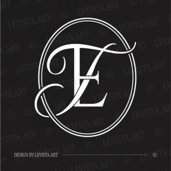 White ET and TE initials as modern minimalist interlocking letter logo on black background for stylish wedding stationery suite, gobo projections and floor wrap