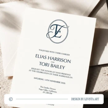 Rich navy blue ET and TE wedding monogram with semi-bold interlocking letters as premium modern initials design with couple names on an invitation card lying on an envelope for exquisite stationery, invites, mailing and décor